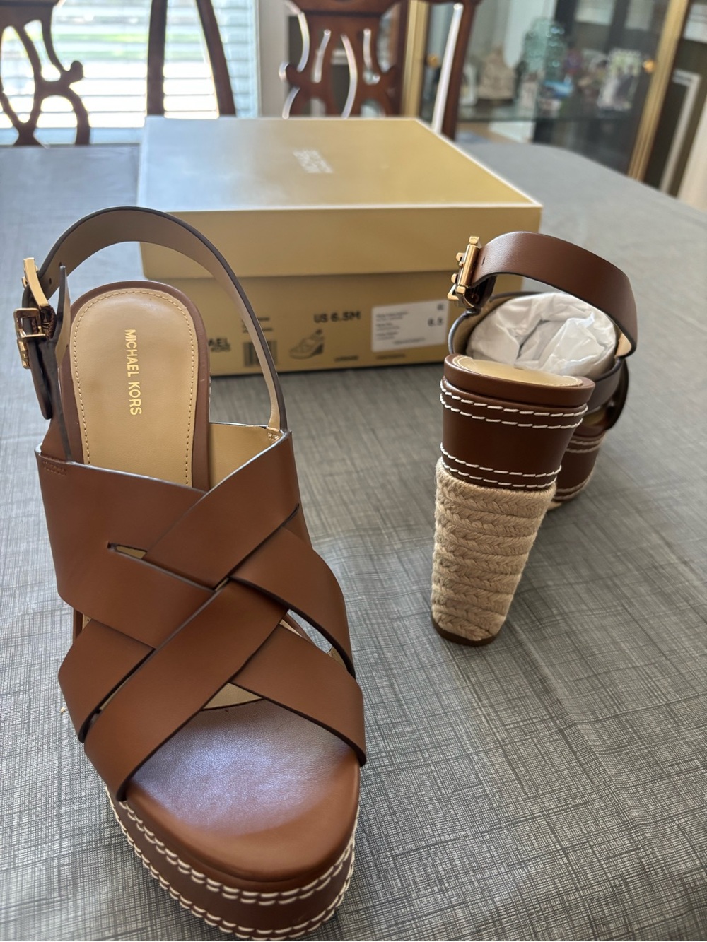 Michael Kors Luggage Brown Leather Espadrille Wedges - Picture 4 of 5